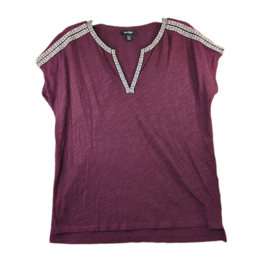 Lord & Taylor Womens M Plum Embroidered V‑Neck Short Sleeve Cotton Top